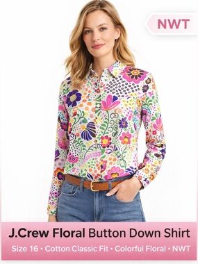J.Crew Floral Button Down Shirt Size 16 Cotton Classic Fit Colorful Blouse NWT